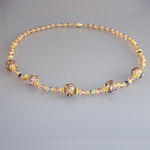 VTG Style Pink Rose & Wedding Cake ART GLASS BEADED NECKLACE 26" GF and Vermeil - Picture 2 of 11